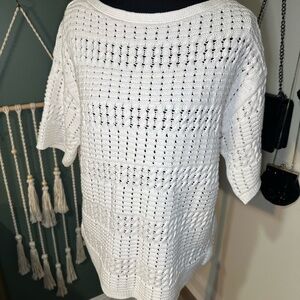 Talbots Ivory Open Knit Short Sleeve Sweater Crochet Boho Medium